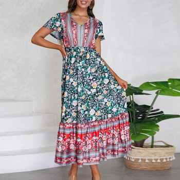 COZOK, женское летнее богемное повседневное платье Миди с V-образным вырезом и рюшами, без рукавов, с поясом, Трапециевидное плиссированное платье-солнце