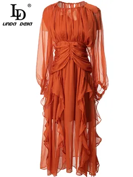 LD LINDA DELLA 2023 Модное Весеннее платье для подиума с длинными рукавами-фонариками, высокой талией, гофрированными оборками, отделкой подола, однотонное платье Миди