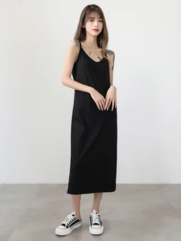 Весенне-летнее платье на подтяжках, женское платье 2023, новое черное платье с V-образным вырезом, темпераментное сексуальное модальное платье на подтяжках, платье с разрезом