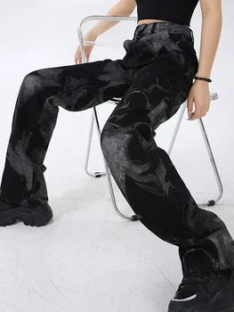 Женские джинсы с завышенной талией, окрашенные в черный цвет, 2023, винтажная Корейская уличная одежда, широкие женские джинсовые брюки, прямые брюки