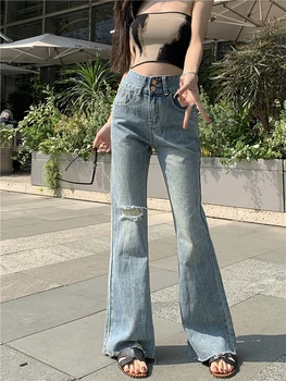 Женские шикарные рваные джинсы с высокой талией и широкими штанинами, женская весенне-летняя повседневная уличная одежда, Свободные джинсовые брюки, винтажные Длинные джинсы