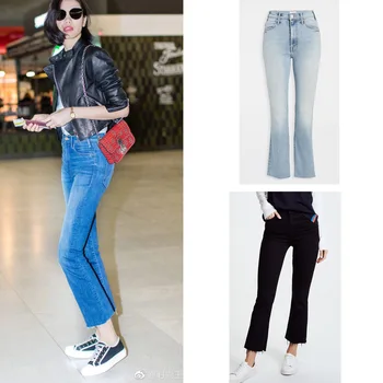 Женские эластичные прямые джинсы с высокой талией и грубым подолом, маленькие прямые джинсы