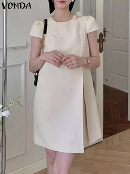 Женское элегантное мини-платье трапециевидной формы с бантом 2023, женский повседневный сарафан с коротким рукавом и круглым вырезом, винтажные платья, Свободный халат Оверсайз
