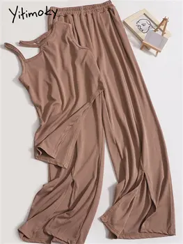 Комплекты из двух предметов Yitimoky, женские комплекты Outifits 2023, модные асимметричные облегающие топы без рукавов, повседневные свободные комплекты широких брюк с разрезом