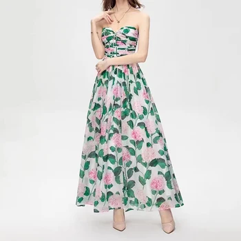 Летнее платье-бюстье на бретельках 2023, летнее новое плиссированное платье с цветочным принтом на одно плечо, модное женское длинное платье
