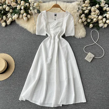 Летнее пляжное платье 2023, белое платье с коротким рукавом, повседневная И элегантная офисная женская одежда с квадратным вырезом.