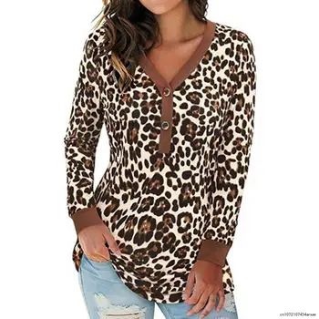 Осенняя модная блузка с леопардовым принтом, женский топ, длинный рукав, V-образный вырез, Свободная туника, блузка, уличная одежда