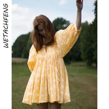 Повседневное Свободное женское платье трапециевидной формы с цветочным рисунком, летнее платье с рукавом-фонариком, желтое Мини с цветочным принтом, вечерние клубные пляжные женские платья в стиле Бохо