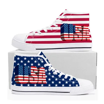 Флаг США, Американские красные, синие, белые кроссовки с высоким берцем, мужские, женские, подростковые, парусиновые кроссовки, повседневная обувь для пары, Обувь на заказ